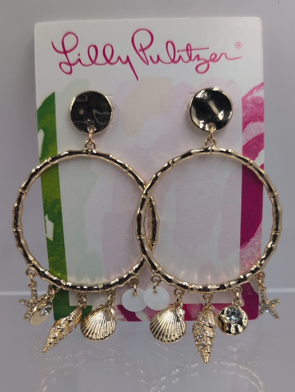 Lilly Pulitzer Gold Hoop Doorknocker Earrings with Beach Charm Drops